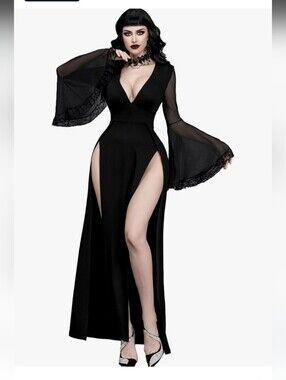 Elegant Black Gothic Split Maxi Dress - Deep V And High Double Slits